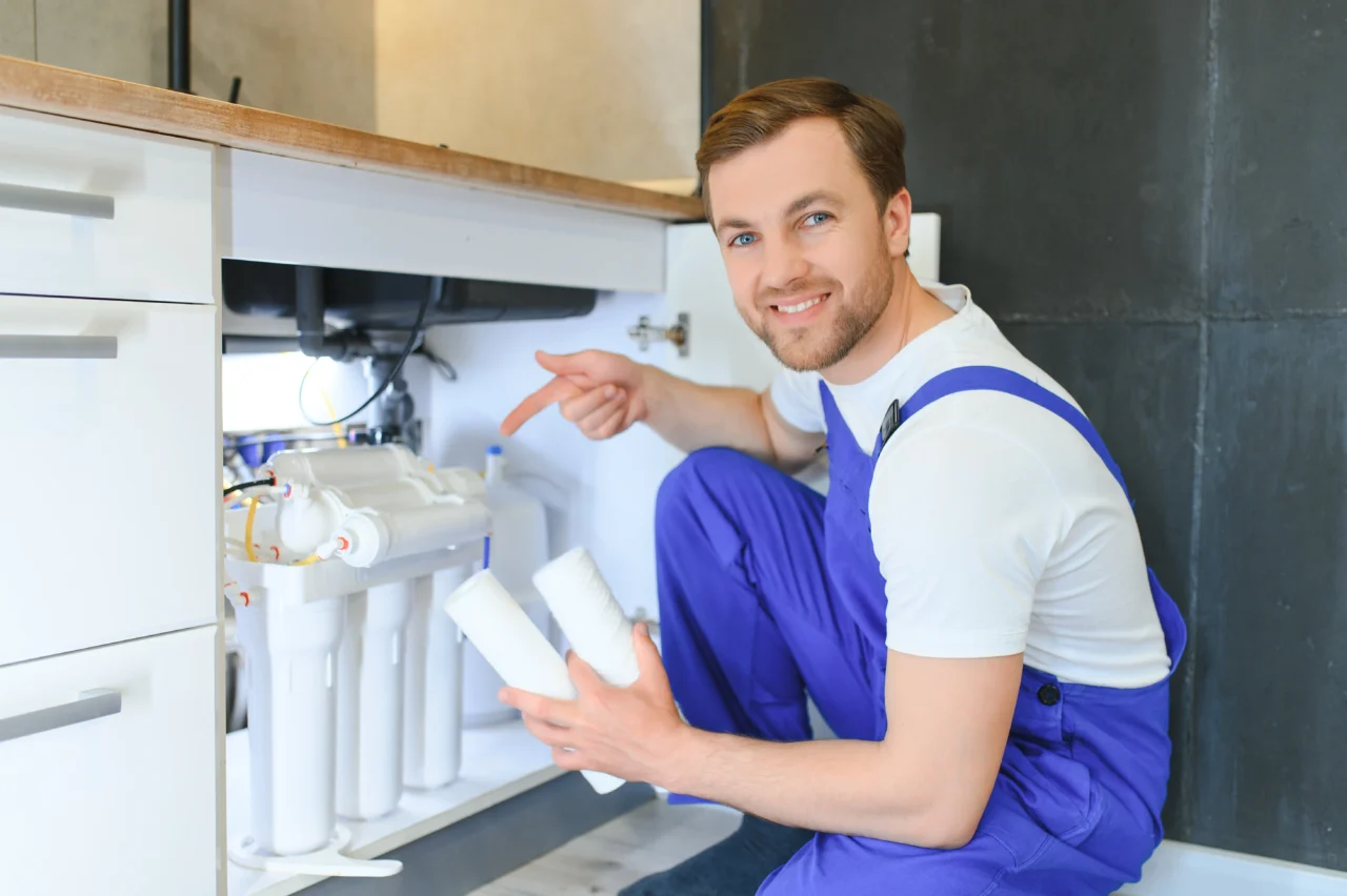 Homme en train d’installer un osmoseur → Technicien installant un osmoseur d’eau potable.